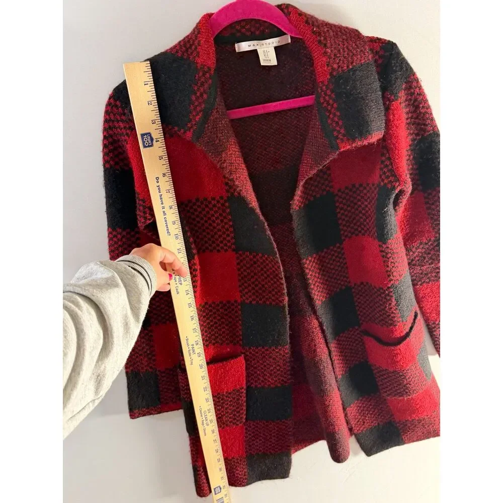 Max Studio Red Black Buffalo Plaid Open Front Cardigan Sweater Jacket